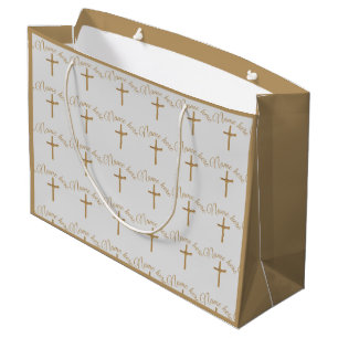 Grand Sac Cadeau Baptême de baptême de la croix de palme d'or perso