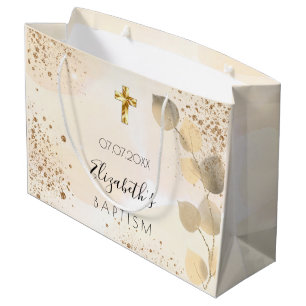 Grand Sac Cadeau Baptême eucalyptus parties scintillant or monogram