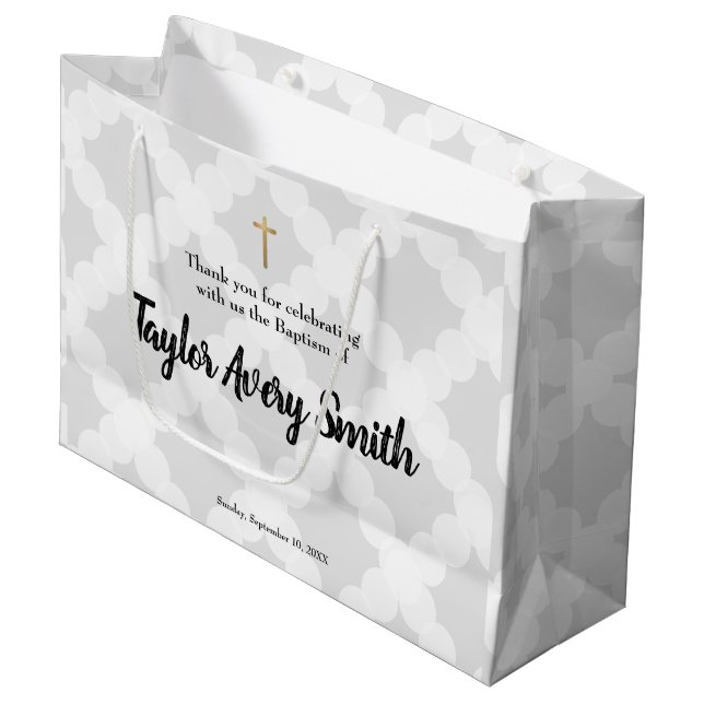 Grand Sac Cadeau Baptême personnalisé Gray Gold Cross Baby (Devant Angle)