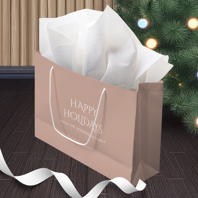 Grand Sac Cadeau Baptisé Boho Rose Joyeux Vacances Couleur D2AFA1 (Named Boho Pink Happy Holidays Color D2AFA1 Large Gift Bag)