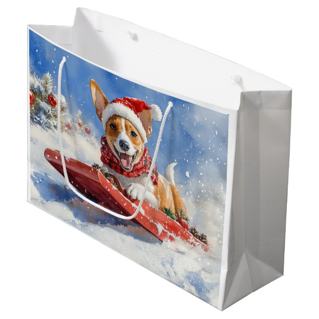 Grand Sac Cadeau Basenji Chien en rebord Laisser neiger Noël (Devant Angle)