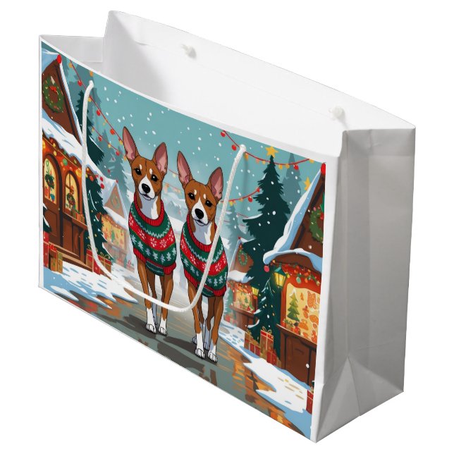 Grand Sac Cadeau Basenji Dogs Christmas Snow Holiday  (Devant Angle)