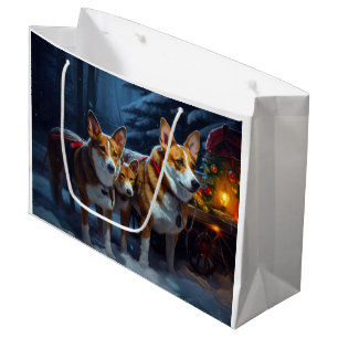Grand Sac Cadeau Basenji enneigé traîneau décoration de Noël