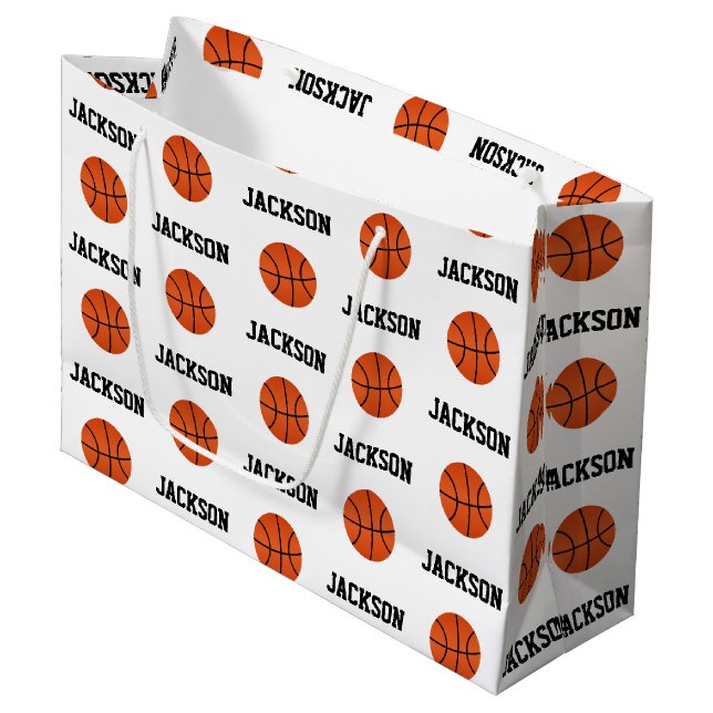 Grand Sac Cadeau Basket-ball Nom Motif Enfants Blanc (Devant Angle)