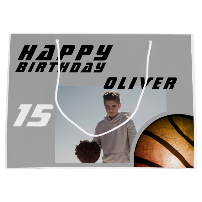 Grand Sac Cadeau Basketball Boy Photo Joyeux Anniversaire (Devant)