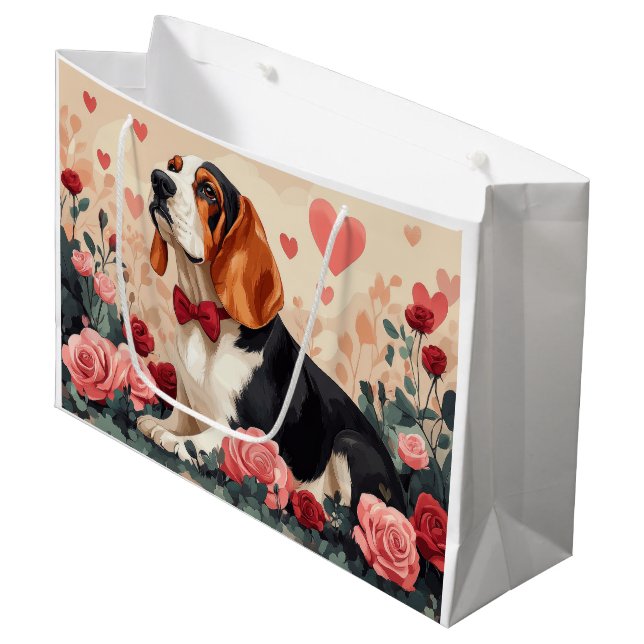 Grand Sac Cadeau Basset Hound avec Roses - Saint Valentin (Devant Angle)