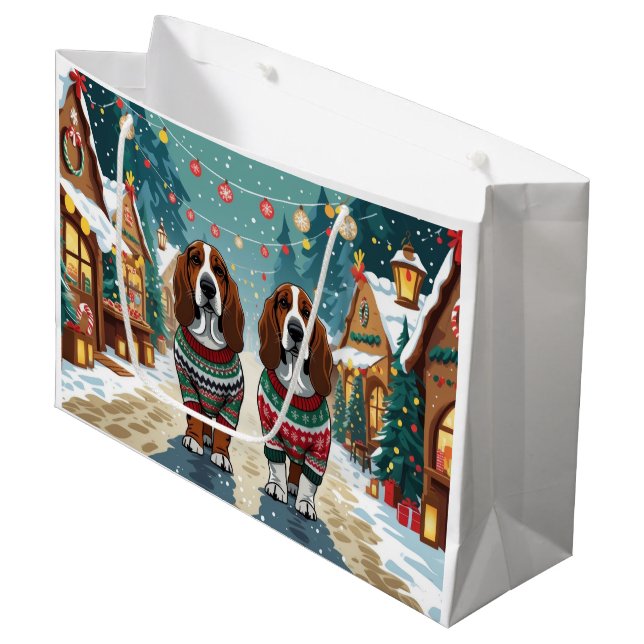 Grand Sac Cadeau Basset Hound Dogs Christmas Snow Holiday (Devant Angle)