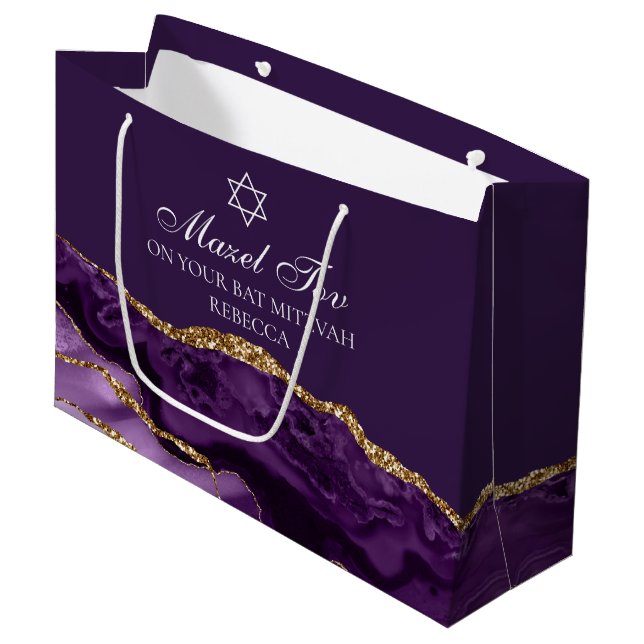 Grand Sac Cadeau Bat mitzvah personnalisé Mazel Tov Purple Gold (Devant Angle)