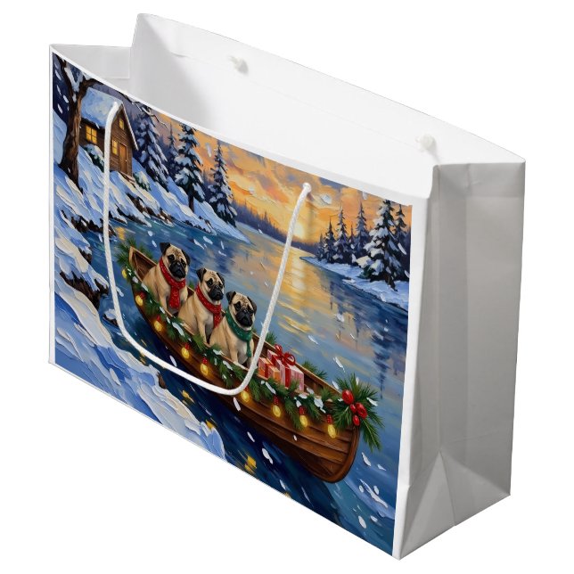 Grand Sac Cadeau Bateau de Noël Pug Fêtes (Devant Angle)