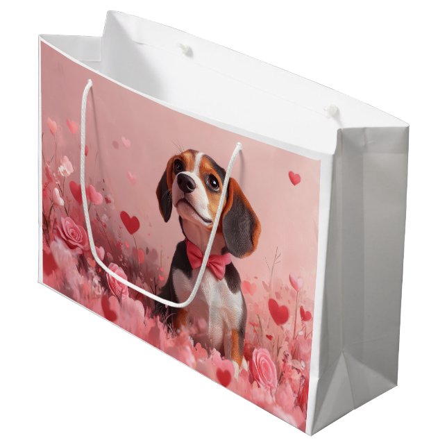 Grand Sac Cadeau Beagle avec des roses - Saint-Valentin (Devant Angle)