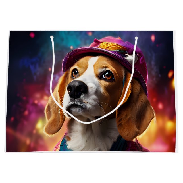 Grand Sac Cadeau Beagle dans un Casquette rose (Devant)