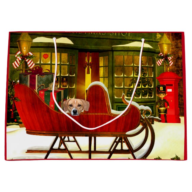 Grand Sac Cadeau Beagle dans un traîneau de Noël (Devant)