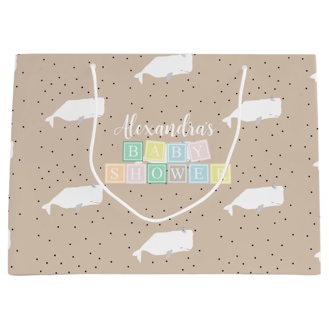 Grand Sac Cadeau Beau Baby shower baleine blanche Beige neutre (Devant)
