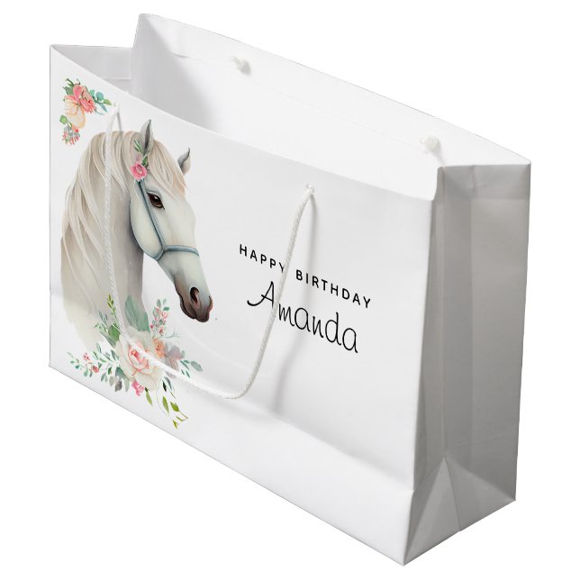 Grand Sac Cadeau Beau Cheval Blanc Boho Floral Anniversaire (Devant Angle)