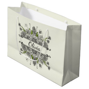 Grand Sac Cadeau Beau dessin de fleurs noires et blanches