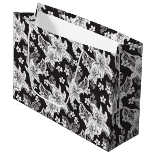 Grand Sac Cadeau Beau motif de fleurs noir blanc