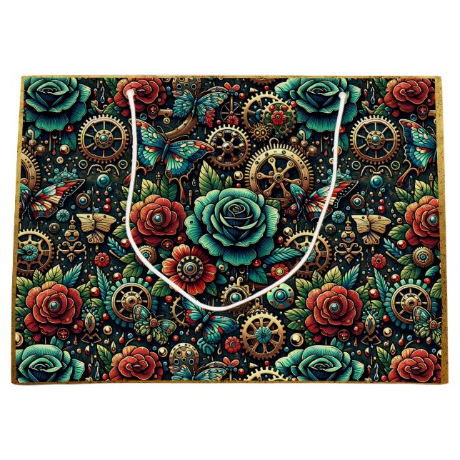 Grand Sac Cadeau Beau Steampunk Gears à thème et Roses (Devant)