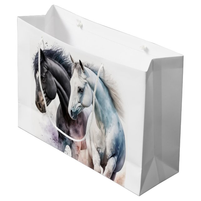 Grand Sac Cadeau Beaux Chevaux en Aquarelle (Devant Angle)