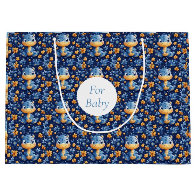 Grand Sac Cadeau Bébé bleu Dinosaure Jaune & Fleurs Bleues (Devant)