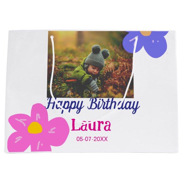 Grand Sac Cadeau Bébé enfants 1er anniversaire ajouter le nom date  (Devant)