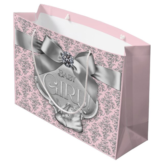 Grand Sac Cadeau Bébé Fille Damassé Argent Rose (Dos Angle)