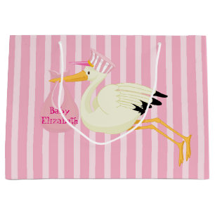 Grand Sac Cadeau Bébé fille rose rayures Stork