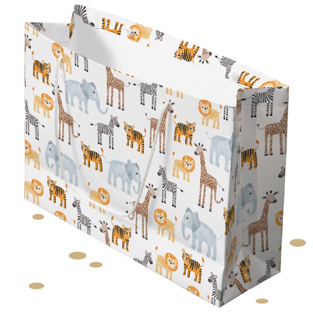 Grand Sac Cadeau Bébé mignet Safari animal Motif d'aquarelle (Cute watercolor Safari Animals baby lion, giraffe zebra & elephant gift bag)