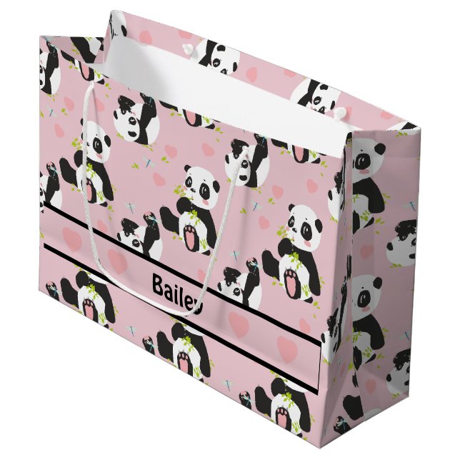 Grand Sac Cadeau Bébé Panda Ours Pink Coeurs personnalisés (Devant Angle)