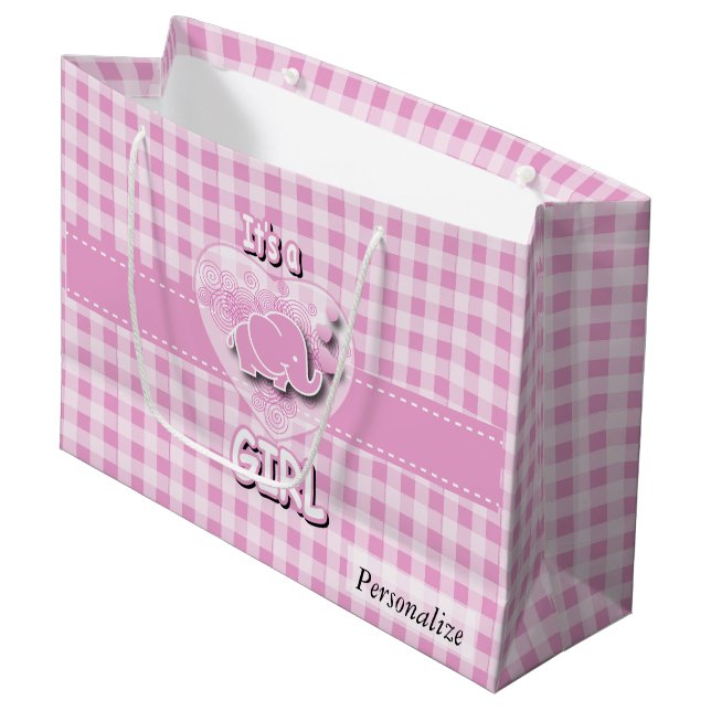 Grand Sac Cadeau Bébé rose et blanc Plaid Baby Elephant (Devant Angle)