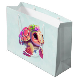 Grand Sac Cadeau Bébé tortue de mer rose & mignonne