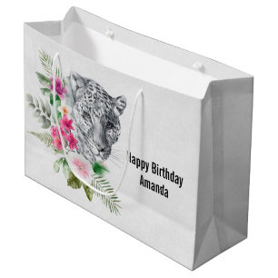 Grand Sac Cadeau Belle Tête de léopard en aquarelle Anniversaire
