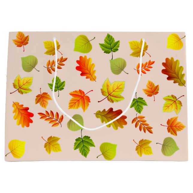 Grand Sac Cadeau Belles feuilles d'automne sur le beige (Devant)
