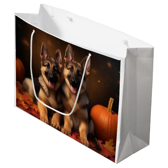 Grand Sac Cadeau Berger Allemand Chiot Citrouille d'automne (Devant Angle)