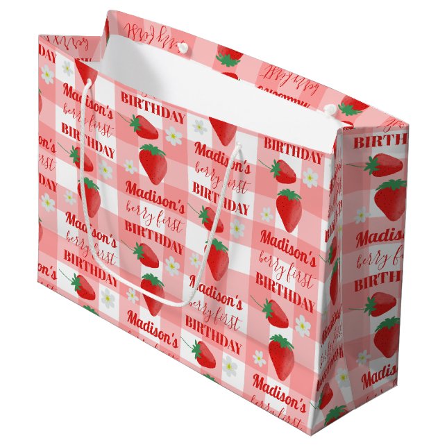 Grand Sac Cadeau Berry First Birthday Strawberry First 1er Nom (Devant Angle)