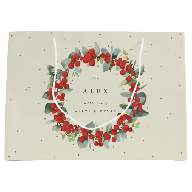 Grand Sac Cadeau Berry rouge personnalisé + Eucalyptus Noël (Devant)