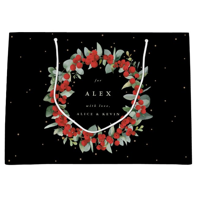 Grand Sac Cadeau Berry rouge personnalisé + Eucalyptus Noël (Devant)