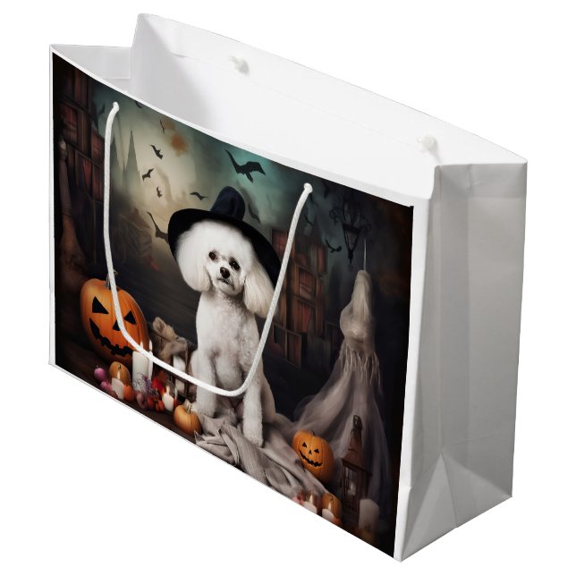 Grand Sac Cadeau Bichon Frise Citrouilles Halloween effrayant (Devant Angle)