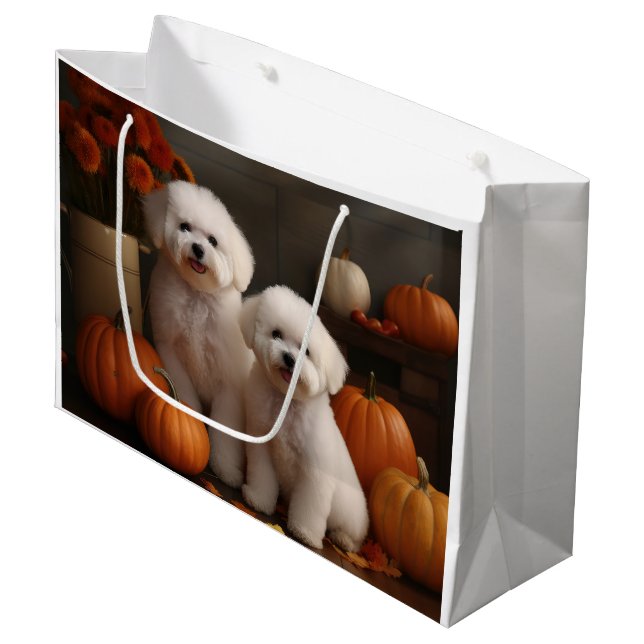 Grand Sac Cadeau Bichon Frise Puppy Automne Citrouille délice (Devant Angle)