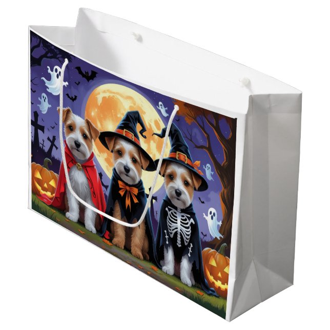 Grand Sac Cadeau Biewer Terrier Chiens Citrouille Halloween Funny (Devant Angle)