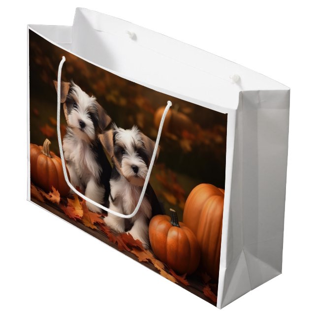 Grand Sac Cadeau Biewer Terrier Chiot Automne Citrouille délice (Devant Angle)