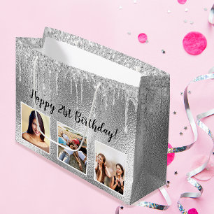 Grand Sac Cadeau Birthday silver glitter drips custom photo