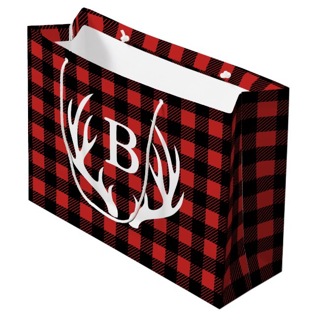 Grand Sac Cadeau Bison noir rustique Plaid Deer Antlers Initiale (Devant Angle)