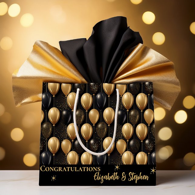 Grand Sac Cadeau Black | Gold Balloons Félicitations Noms (Elegant Black and Gold Faux Glitter Balloons Pattern A023 "Congratulations" [Name(s)] Large Gift Bag)