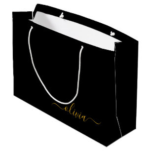 Grand Sac Cadeau Black Gold Modern Script Girl Monogramme Nom