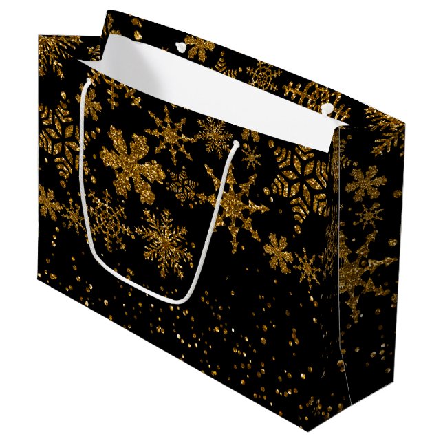 Grand Sac Cadeau Black & Gold Snowflakes Étoiles Joyeux Noël (Devant Angle)