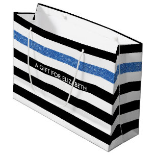 Grand Sac Cadeau Black Stripes FAUX Blue Glitz and Name
