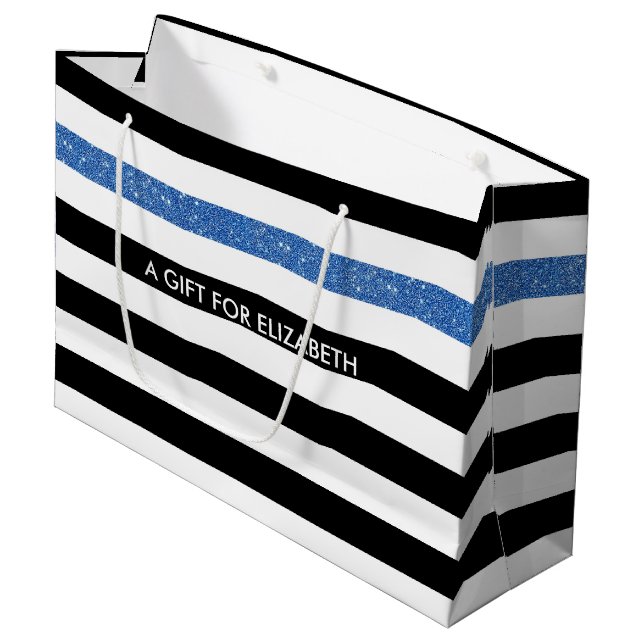 Grand Sac Cadeau Black Stripes FAUX Blue Glitz and Name (Devant Angle)
