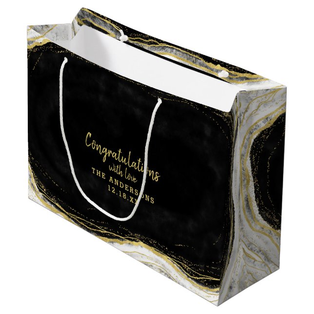 Grand Sac Cadeau Black White & Gold Geode Félicitations Mariage (Devant Angle)