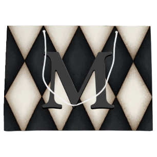 Grand Sac Cadeau Black & White Harlequin Check Elegant 3-D monogram