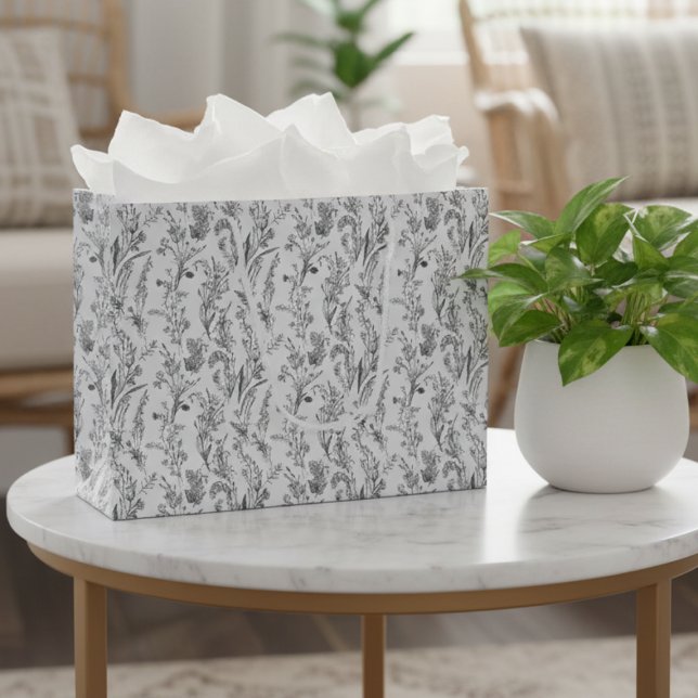 Grand Sac Cadeau Black White Toile Floral Elegant (elegant black and white toile floral gift bag with chic pattern)